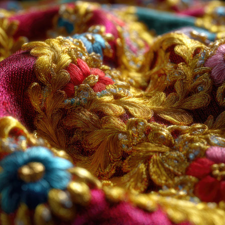 This image showcases a close-up view of beautifully embroidered fabric featuring intricate designs and vibrant colors, perfect for textile art inspiration.の素材