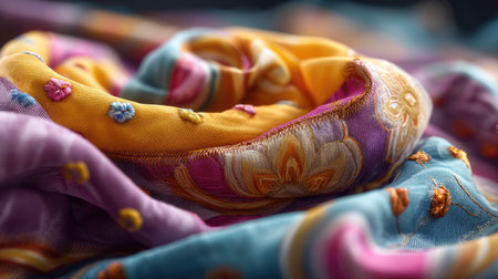 A stunning close-up of a vibrant textile swirl, showcasing intricate embroidery and a blend of warm and cool colors ideal for fashion or decor inspiration.の素材