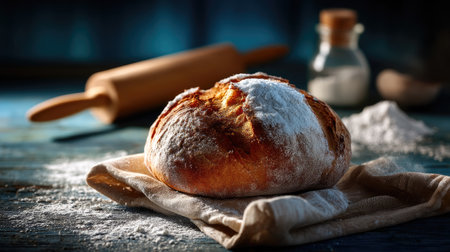 This inviting image features a freshly baked artisan loaf resting on linen fabric, surrounded by flour and kitchen tools. It captures the essence of home baking.の素材