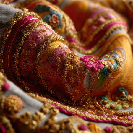 This close-up image showcases intricate traditional embroidery featuring vibrant colors and detailed patterns, celebrating craftsmanship and artistic expression.の素材