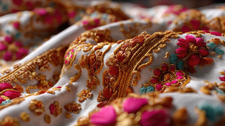 This close-up image features an exquisite embroidered fabric with intricate floral patterns, displaying vibrant colors and rich textures ideal for artistic use.の素材
