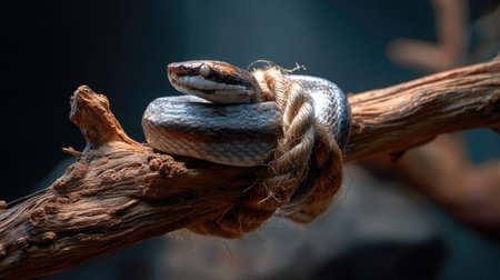 A striking close-up of a snake elegantly coiled around a natural branch, showcasing its intricate patterns and textures in a tranquil setting.の素材