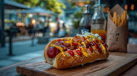 A delicious hot dog topped with mustard, ketchup, and onions, served alongside fries and a drink in an inviting outdoor dining environment.の素材