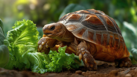 A detailed close-up of a tortoise foraging on fresh green lettuce in a vibrant garden setting. The natural light enhances the intricate shell patterns, emphasizing the creature's serene environment.の素材