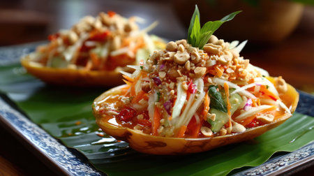 This captivating image showcases a delicious Thai papaya salad, adorned with peanuts and fresh vegetables, served elegantly on a banana leaf for a breathtaking presentation.の素材