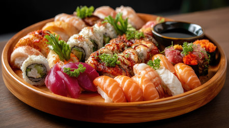 A beautifully arranged sushi platter showcasing a variety of fresh fish, colorful rolls, and accompaniment like soy sauce, perfect for Japanese cuisine lovers.の素材