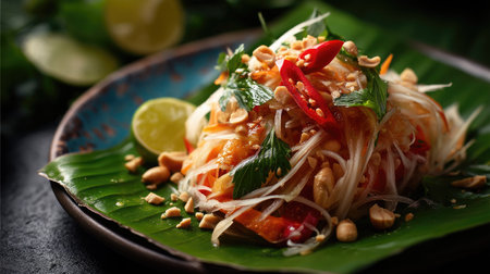 A vibrant and fresh papaya salad adorned with peanuts and red chili, served on a beautiful leafy plate. Ideal for showcasing healthy cuisine.の素材