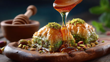 A visually appealing close-up of baklava dessert with rich honey drizzling over flaky layers and topped with crunchy pistachio nuts, perfect for food lovers.の素材