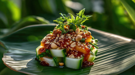 Delight in this vibrant Asian salad featuring fresh vegetables and crunchy peanuts, artfully plated on a green leaf for an appetizing presentation.の素材