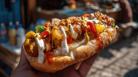 A vibrant hot dog topped with colorful vegetables and sauces held in hand. Perfect for street food lovers and summer gatherings. Enjoy the flavors!の素材