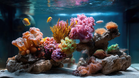 A stunning display of a colorful coral reef ecosystem, showcasing vibrant sea life and intricate rock formations, creating a peaceful underwater habitat.の素材