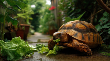 A charming tortoise munches on fresh lettuce along a garden path. The scene captures lush greenery and potted plants, creating a peaceful outdoor atmosphere.の素材