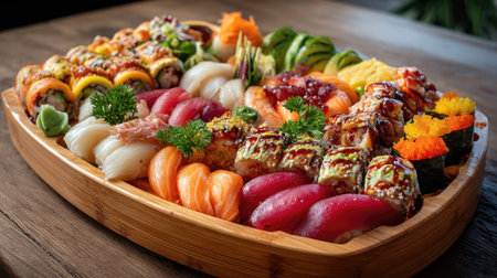 A visually appealing platter of various sushi types, showcasing vibrant colors and fresh ingredients, perfect for culinary enthusiasts and food lovers.の素材