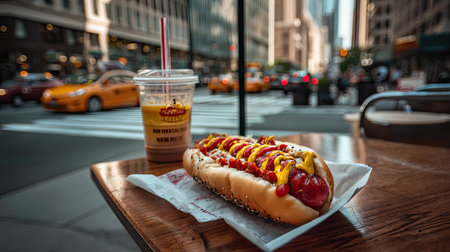 A mouthwatering hot dog topped with mustard and ketchup sits on a wooden table next to a refreshing drink, capturing the essence of street food culture in a bustling urban environment.の素材