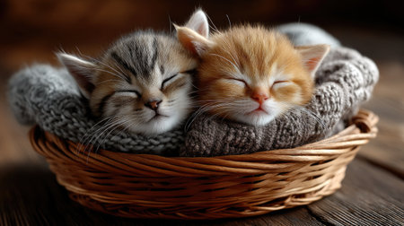This heartwarming image features two adorable kittens peacefully sleeping together in a cozy basket, wrapped in soft knitted blankets.の素材