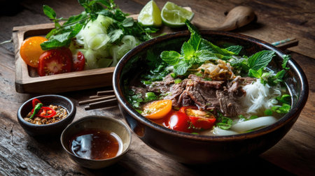 A flavorful bowl of Vietnamese pho features tender beef, fresh herbs, vibrant vegetables, and lime, beautifully presented on a rustic wooden table.の素材