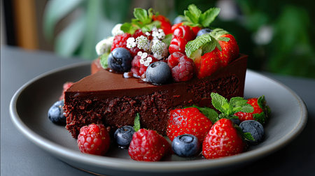 A beautifully presented slice of rich chocolate cake adorned with an array of fresh strawberries, blueberries, and mint leaves, perfect for any occasion.の素材