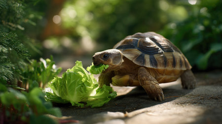 A charming tortoise enjoys a nutritious meal of crisp lettuce in a serene garden environment, bathed in gentle sunlight and surrounded by vibrant foliage.の素材