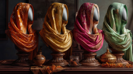 A stunning display of colorful scarves showcases intricate designs in a vintage setting, highlighting craftsmanship and elegance in textile art.の素材