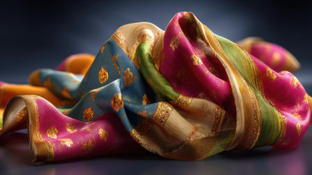 A vibrant silk fabric elegantly draped, showcasing intricate patterns and textures. Perfect for fashion, home decor, or artistic projects.の素材