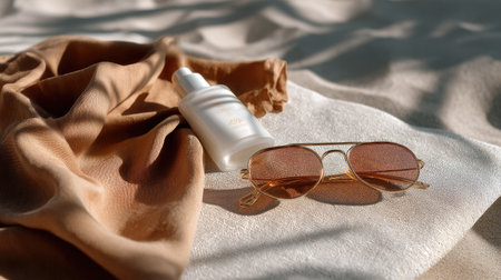 A serene flat lay of a stylish towel, sunglasses, and skincare product on sandy beach surroundings, evoking a summer vibe perfect for relaxation and beauty.の素材
