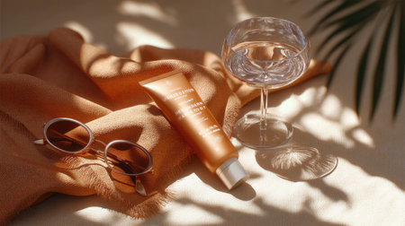 A serene summer flat lay featuring skincare products, stylish sunglasses, and a glass cup arranged on soft fabric, exuding a sense of luxury and relaxation.の素材