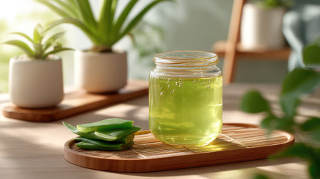 A serene scene featuring a glass jar of fresh aloe vera gel surrounded by green plants on a wooden tray, perfect for wellness and natural beauty.の素材