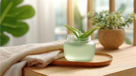 Aesthetic view of fresh aloe vera gel in a stylish jar placed on a wooden surface, accompanied by natural decor elements for a serene atmosphere.の素材