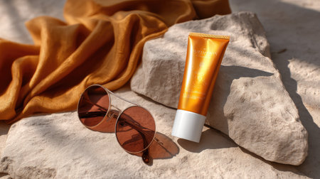 A vibrant flatlay showcasing stylish sunglasses and a tube of sunscreen on natural stone, perfect for capturing the essence of summer beauty and relaxation.の素材