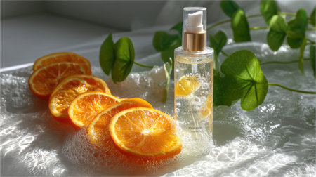 A beautifully styled image featuring a spray bottle of citrus essence next to fresh orange slices and bubbles, creating a refreshing and vibrant scene.の素材