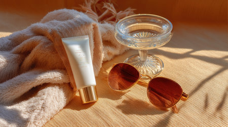 A serene composition featuring skincare product, stylish sunglasses, and refreshing water in a glass, all set on a soft towel, perfect for summer.の素材