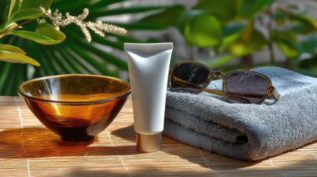A tranquil spa setting featuring a tube of skincare cream, sunglasses, a plush towel, and a decorative bowl, all surrounded by lush greenery.の素材