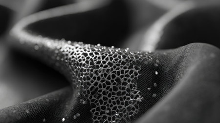 This captivating close-up image showcases a piece of intricate black fabric featuring an elegant metallic pattern. Ideal for fashion, design, and artistic themes.の素材