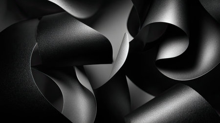This image showcases an abstract composition of black curves and textures, creating an elegant and dynamic visual experience. The interplay of light and shadows highlights the depth and sophistication of the design, offering a modern aesthetic suitable for various creative projects.の素材