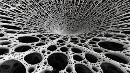 Stunning abstract representation featuring complex organic structures in black and white, exhibiting intricate patterns and unique shapes, perfect for artistic or scientific concepts.の素材