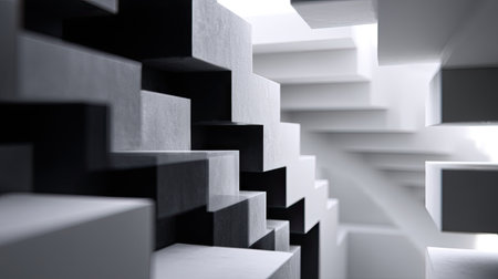 This abstract image features geometric shapes in black and white, creating a striking visual of modern architectural design with depth and perspective.の素材