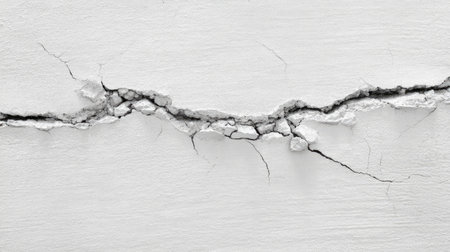 Close-up view of a cracked wall surface showcasing intricate details and textures, perfect for backgrounds and design projects in monochrome tones.の素材