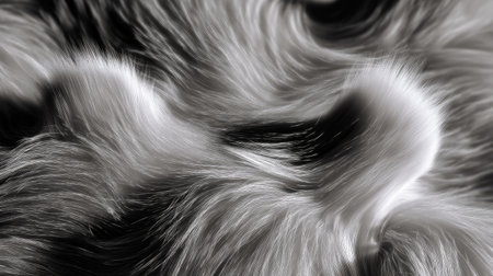 Close-up image capturing the flowing texture of fur in black and white. The abstract patterns create a soft and artistic feel, perfect for various design uses.の素材