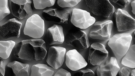 A close-up view of an assortment of black and white pebbles, showcasing a smooth texture and natural beauty ideal for backgrounds and design projects.の素材
