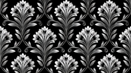 This stunning black and white floral pattern features intricate designs of flowers and leaves, perfect for use in textiles, wallpapers, and home decor.の素材