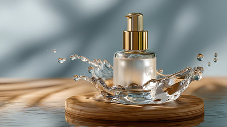 A stunning skincare serum bottle displayed artistically with water splashes on a wooden surface, evoking a sense of freshness and luxury. Ideal for beauty themes.の素材
