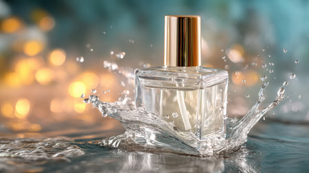 Captivating image of a stylish glass perfume bottle creating a splash in clear water against a soft bokeh background, ideal for beauty themes.の素材