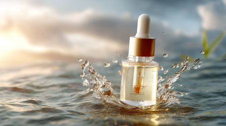 A luxurious skincare serum bottle creates a captivating splash in serene water, illuminated by golden hour light, symbolizing beauty and elegance.の素材