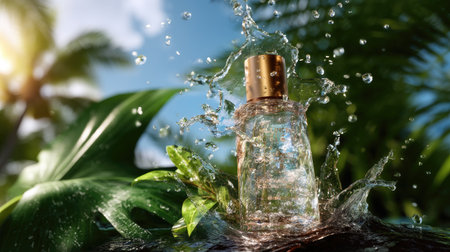 A stunning perfume bottle surrounded by splashing water emphasizes elegance. Lush tropical leaves create a refreshing backdrop, celebrating beauty and nature.の素材