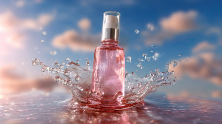 A beautiful scene capturing a pink liquid spray bottle as it splashes water against a dreamy sky, exuding freshness and elegance perfect for skincare marketing.の素材