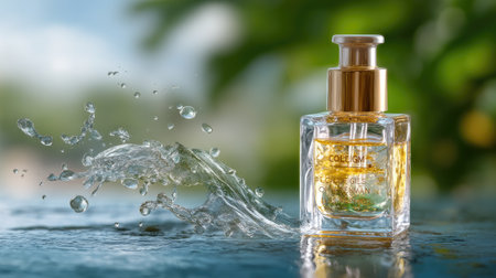 A stunning glass perfume bottle filled with fragrant liquid, surrounded by splashing water, set against a lush green backdrop, evoking luxury and tranquility.の素材