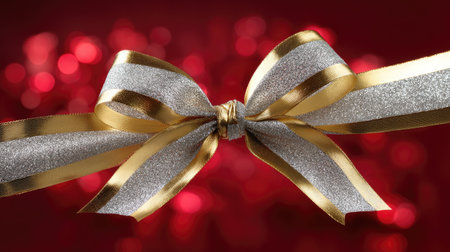 An elegant silver and gold bow decoration set against a softly blurred red background, perfect for festive occasions, gift-wrapping, and celebrations.の素材
