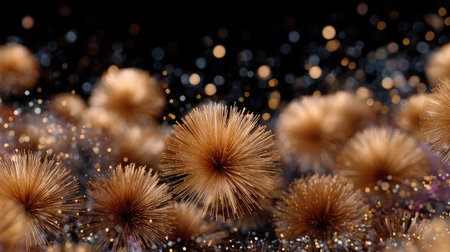 A stunning close-up view of textured golden sphere forms set against a softly blurred, glittering background. This abstract image evokes a sense of elegance and wonder.の素材