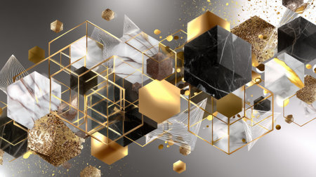 This stunning abstract composition features a harmonious blend of geometric shapes in gold, black, and white. Ideal for modern backgrounds or creative projects, it embodies sophistication and luxury with its intricate patterns and textures.の素材