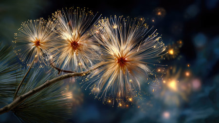 Experience the beauty of nature with this stunning image of sparkling flowers radiating bright lights against a dreamy evening backdrop, creating a magical atmosphere.の素材